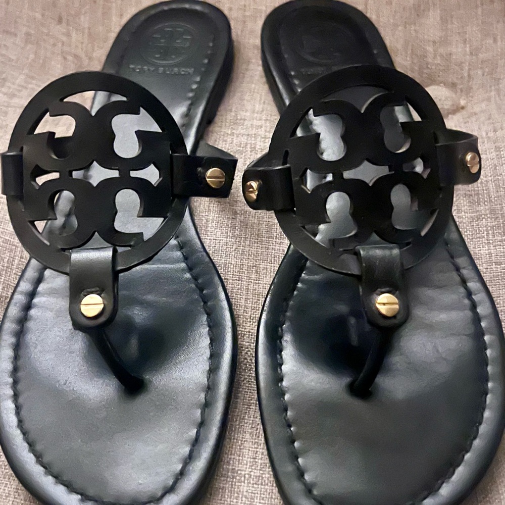 Tory Burch Miller Black Leather Sandals with Gold Accents